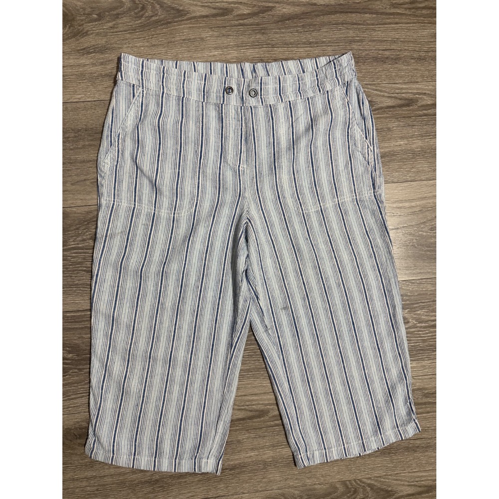 Linen‎ Blend Denim & Co Womens M Capri Pants Blue White Striped Crop